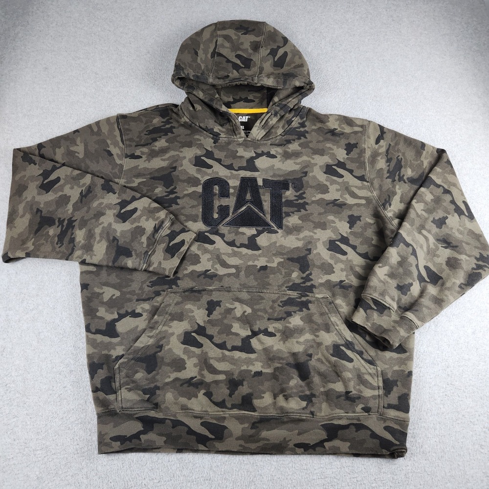 CAT Hoodie Mens XL Green Camo Caterpillar Embroidered Logo Workwear Pullover
